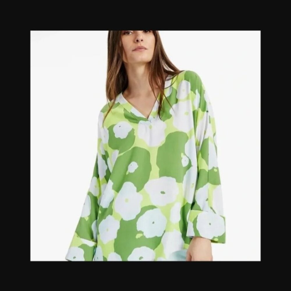 Alfani Women Blouse Floral Cuff Sleeve Tunic Green & White sz L NWT  /B10